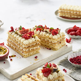 Mille Feuille med hallon, passionsfrukt och mango